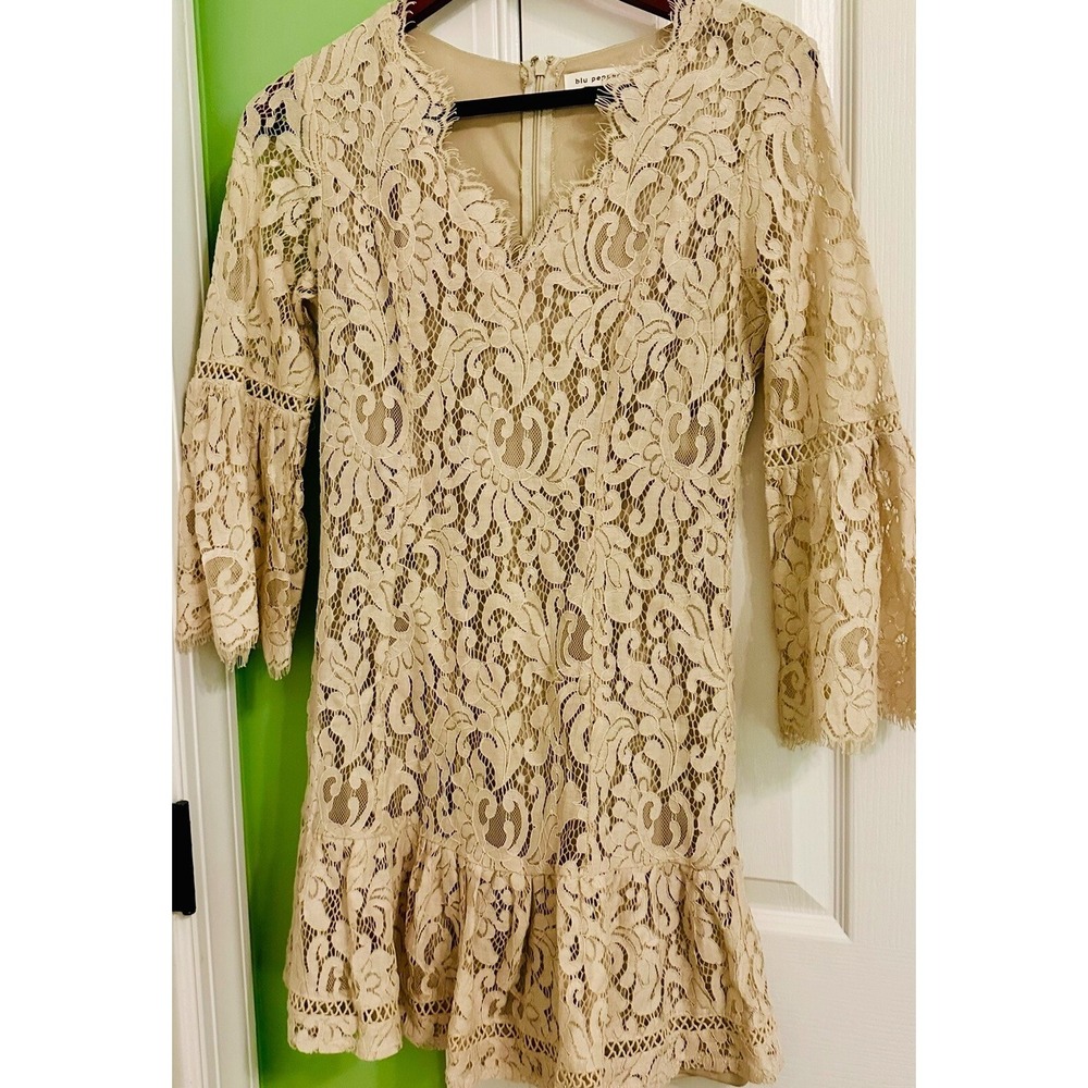 Blu Pepper Beige Floral Lace Mini Dress V-Neck Bell Sleeve Ruffle Hem Small